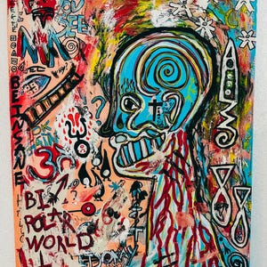 May include: Abstract painting with a blue head and a spiral design, a cross, and various symbols and text. The background is a mix of red, yellow, and orange. The words "POLAR WORLD" are visible. The artwork is a vibrant display of colour.