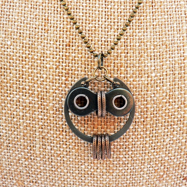 Owl Necklace Bronze & Black Steel Bicycle Chain Hardware