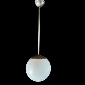 Vintage Opaline Globe Pendant Light – Chrome Stem Bauhaus / Mid‑Century Modern Ceiling Lamp 1960s