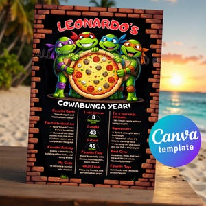 May include: A poster featuring the Teenage Mutant Ninja Turtles holding a pizza. The poster includes the text "Leonardo's" and "Cowabunga Year!" with details about Leonardo's favorite things. The poster is 45 inches tall and weighs 43 pounds.