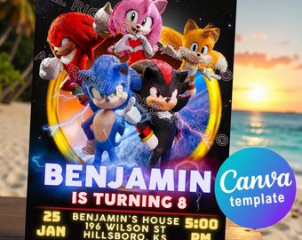 Faire-part d'anniversaire Sonic 3. Modèle de toile modifiable. Carte d'invitation à une fête avec Amy Rose, Shadow, Sonic, Knuckles & Tails. Téléchargement numérique