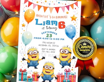 Invitación de cumpleaños de los Minions: plantilla digital editable de Canva / Invitación divertida para cumpleaños infantil / Imprimible y descarga instantánea