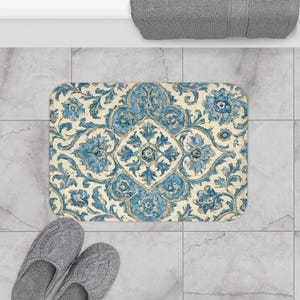 Vintage Floral Bath Mat, Bohemian Home Decor, Bathroom Rug, Spa Gift, Blue and Cream Color Scheme