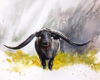 Longhorn Cattle / 14.5" x 21.5" original watercolor painting