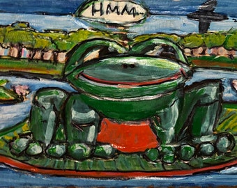 Frog on lily pad  - "ANTICIPATION" - A painted wood relief of a frog on a lily pad while anticipating for an opportunity to catch that fly