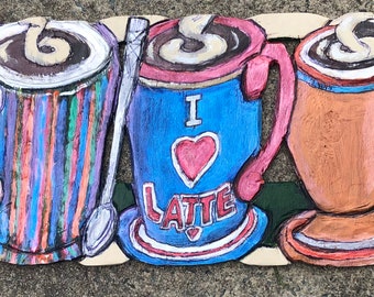 Filigree wood relief carving of three Latte-filled cups, "Latte Cup Trio",  Handmade carved artwork of three Latte cups, Colorful Painting
