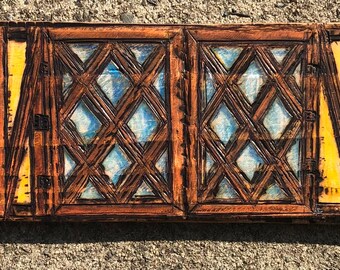 Handmade and wood burned picture of Diamond-Shaped Windows - in an Old American Folk or Farmhouse style