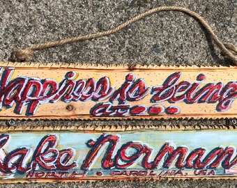 Happiness is... being at Lake Norman, double-hung wood carved, colorfully designed relief sign, tourist attraction, lake living,