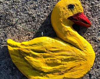 Whimsically Shaped Wood Relief Carving, Duck Shaped, Textured Wood Relief Carving, Bright Yellow Color With Orange-Red Bill, Wall Hanger