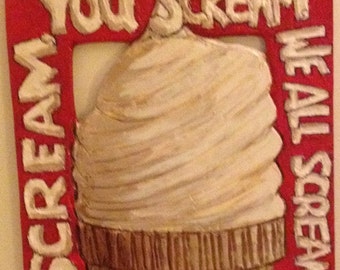 Handmade Artisitic Wooden Relief Folk Advertising Ice Cream Sign With Filigree - Screamin' For Ice Cream
