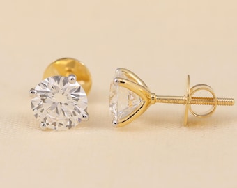 Round Diamond Stud Earrings, 14k Gold Solitaire Studs, Minimalist Everyday Jewelry