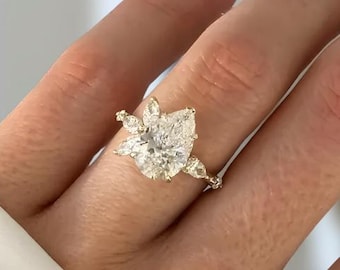3 Carat Pear Lab Grown Diamond Engagement Ring, Marquise Accent Stones, Floral Inspired Halo Ring, Vintage Diamond Ring, Gift For Her