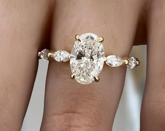 3 Carat Oval Lab Grown Diamond Ring Hidden Halo Ring, 14K Gold Engagement Bridal Ring