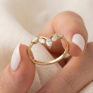 Marquise Diamond Wedding Band, V Shape Chevron Ring Enhancer, Curved Stackable Band For Bride