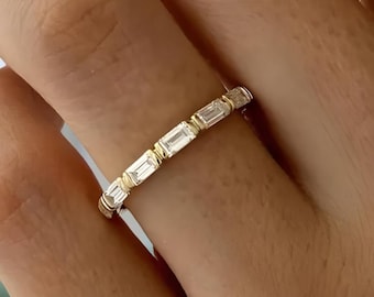 Baguette Lab Grown Diamond Eternity Band, Bar Set Diamond Wedding Band, 14k Gold Stackable Ring