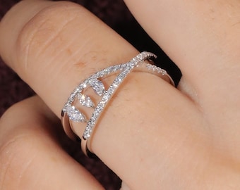 14K Gold Lab Grown Diamond Criss Cross Ring, Stacking Wedding Band, Gift For Her