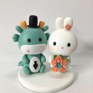 Dragon and Bunny Wedding cake topper, Zodiac Wedding Cake Topper, Teal wedding theme, Coral wedding theme, anniversary topper