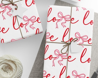 Cadeaupapier met liefdesscript, roze strik, romantische cadeauverpakking