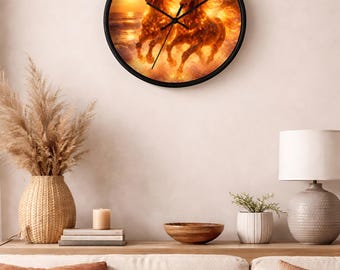 Vurige paard wandklok | Flaming Hengsten bij zonsondergang, 10" stil uurwerk met matte afwerking