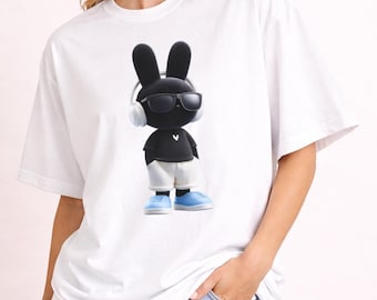 Oversized grafische T-shirt DJ DJ | Streetstyle T-shirt met konijntjesprint