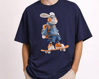 Extra groot | Skateboarding T-shirt met konijntje | Skateboard cartoon T-shirt
