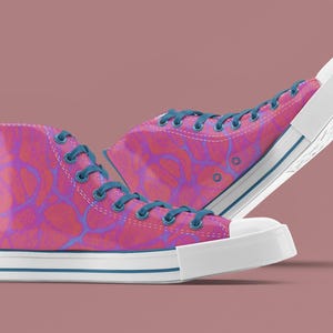 Women&#39;s High Top Sneakers with Pink & Blue Neuro-Art, Colorful Canvas Shoes, Unique Artistic Gift, Trendy Custom Footwear