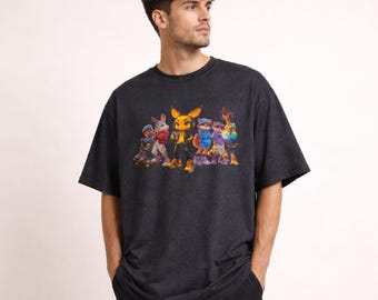 Antropomorf skate-T-shirt met ronde hals | Tekenfilmfiguren vos, konijn en giraf