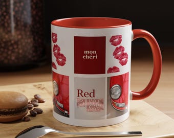 Rode mok | Koffiekopje vintage auto en kus print | Kleurrijk keramiek