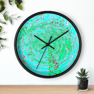 Green Turquoise Wall Clock with Abstract Swirl Pattern, Modern Home Decor