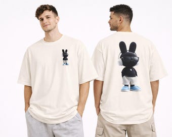 Extra groot | Zwart T-shirt met konijntje | Grafisch T-shirt konijn