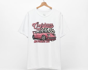 Vintage roze Porsche 1950 Racing T-shirt | Vertrouwen, helemaal geen angst