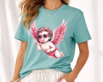 Katoenen uniseks T-shirt met roze engel cherubijn | Cupido gevleugelde babykunst