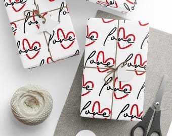 Cadeaupapier met liefdeshart, handgeschreven ontwerp, romantische cadeauverpakking