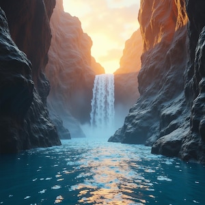 May include: A dramatic landscape showing a waterfall flowing into a blue river, flanked by high rock formations. The sky is lit with a warm, golden light, creating a serene atmosphere. The image conveys a sense of natural beauty and tranquility, reminiscent of a canyon.