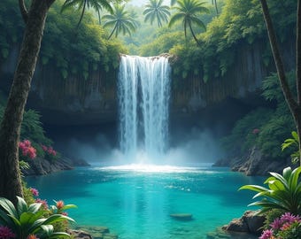 Könnte beinhalten: Eine lebendige Landschaft mit einem Wasserfall, der in einen türkisfarbenen Pool stürzt. Üppiges grünes Laub, darunter Palmen und tropische Pflanzen, umgibt das Wasser. Rosa und rote Blumen setzen Farbtupfer und schaffen eine ruhige tropische Umgebung.