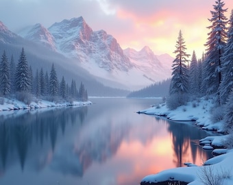 Mirror Lake Mountain Scene | Tranquil Nature Digital Landscape | Peaceful Printable Wall Art