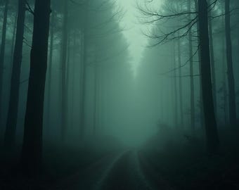Foggy Forest Wall Art | Moody Green Landscape Digital Painting | Nature-Inspired Printable Poster
