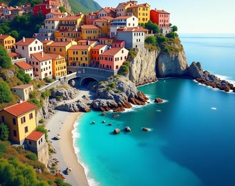 Golden Cliffside Town – Mediterranean Painting