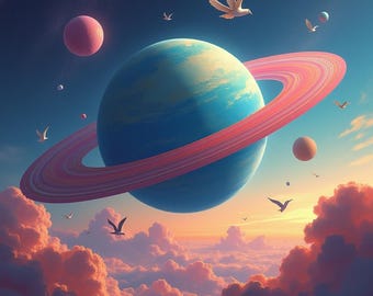 Aviary Planet Wall Art | Whimsical Galaxy Printable | Surreal Bird Cosmos Poster