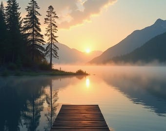 Könnte beinhalten: Eine ruhige Landschaft mit einem Holzsteg, der sich in einen ruhigen See erstreckt. Die Sonne geht hinter fernen Bergen unter und wirft einen warmen Schein auf das Wasser und den Himmel. Hohe immergrüne Bäume säumen das Ufer, das sich im ruhigen Wasser spiegelt.