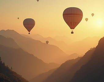 Vintage Hot Air Balloons Wall Art | Misty Mountains Sunrise | Printable Travel Decor