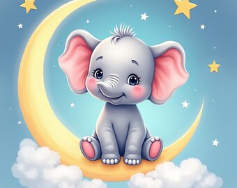 Baby Elephant Moon Print: Pastel Nursery Wall Art (Digital Download)