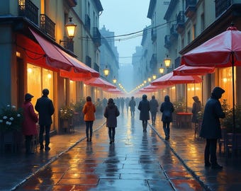 Rainy Evening Reflections – Romantic City Street Painting