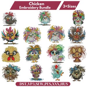 Lot de motifs de broderie drôle de poulet fou, fichier de broderie Machine poulet mignon, broderie florale de poulet, téléchargement de broderie Crazy Bird