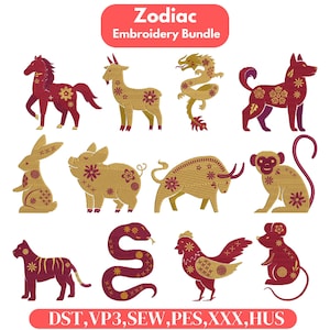 chinese zodiac Machine embroidery design Pack 12 designs zodiac embroidery zodiac signs  embroidery stars signs Design Astrology Embroidery