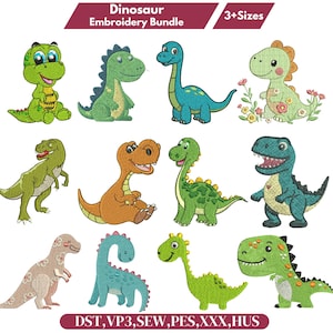 May include: A selection of dinosaur embroidery designs in various colours. The image shows cartoon dinosaurs in green, orange, blue, and tan. The text at the top reads "Dinosaur Embroidery Bundle" and "3+ Sizes". The bottom text indicates file formats.