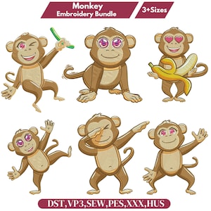 Monkey embroidery design bundle monkey embroidery pattern  safari monkey embroidery file baby monkey design cute monkey silly monkey pes