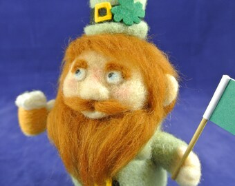 Patriotic Needle-Felted Leprechaun with Favored Beverage; tabletop figure, St. Patrick's Day