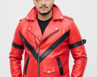 メンズ レッド カウハイド レザー ジャケット：マイケル・ジャクソン