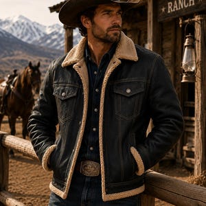 Puede incluir: Chaqueta de cuero negro con cuello y forro de borrego beige. La chaqueta tiene dos bolsillos en el pecho y se usa con un sombrero de vaquero marrón y vaqueros azules. El fondo incluye un letrero de madera que dice "Silverado Ranch".